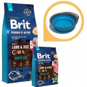 Суха храна за кучета BRIT PREMIUM SENSITIVE LAMB & RICE BY NATURE [ НОВА, ПОДОБРЕНА ФОРМУЛА ] с 60% прясно агнешко месо 15кг + подарък сгъваема купа